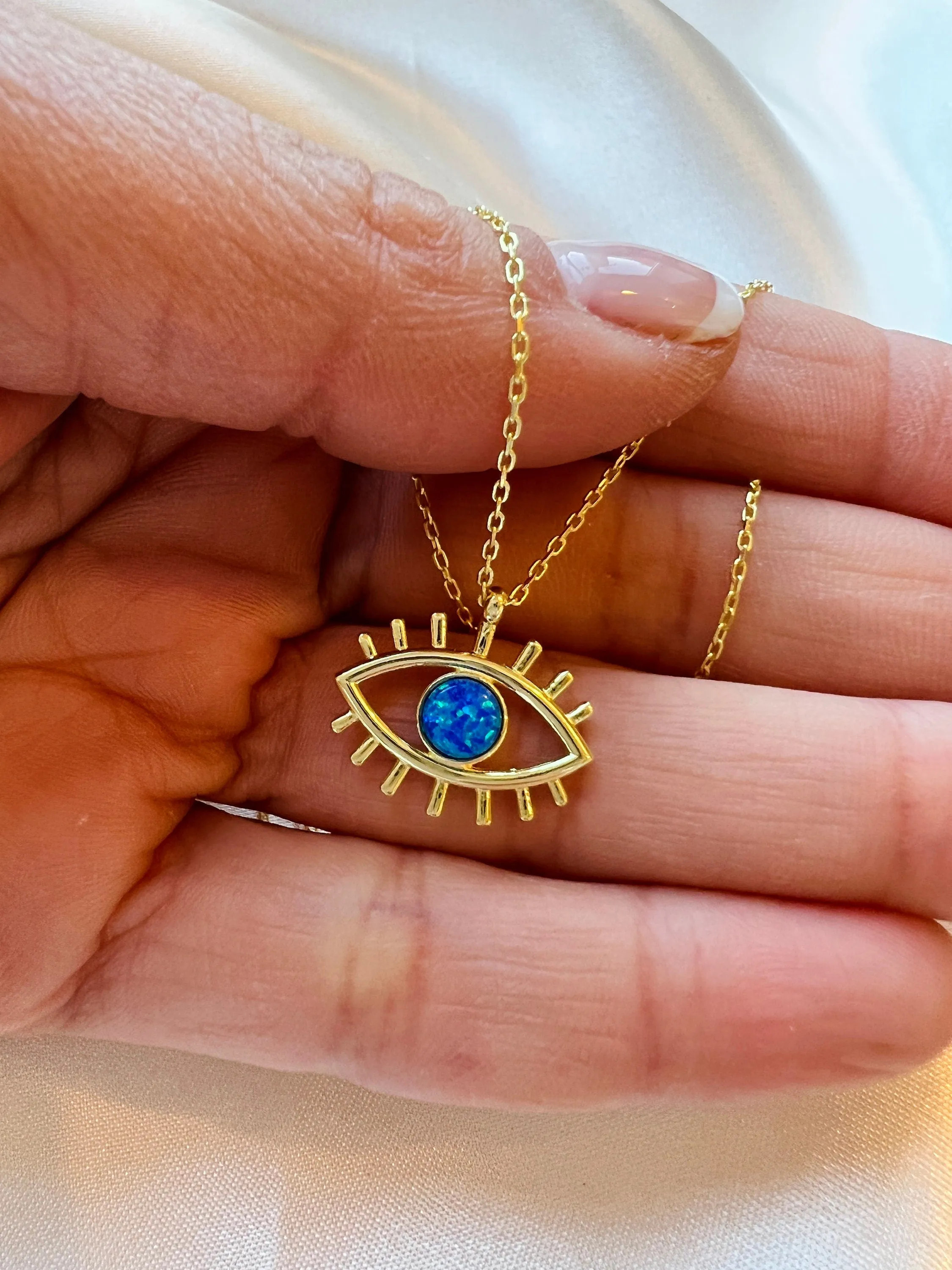 Evil Eye Necklace | Gold Evil Eye Necklace | Ocean Blue Opal Necklace | Opal Cabochon Pendant | Minimalist Necklace | Mothers Day Gift