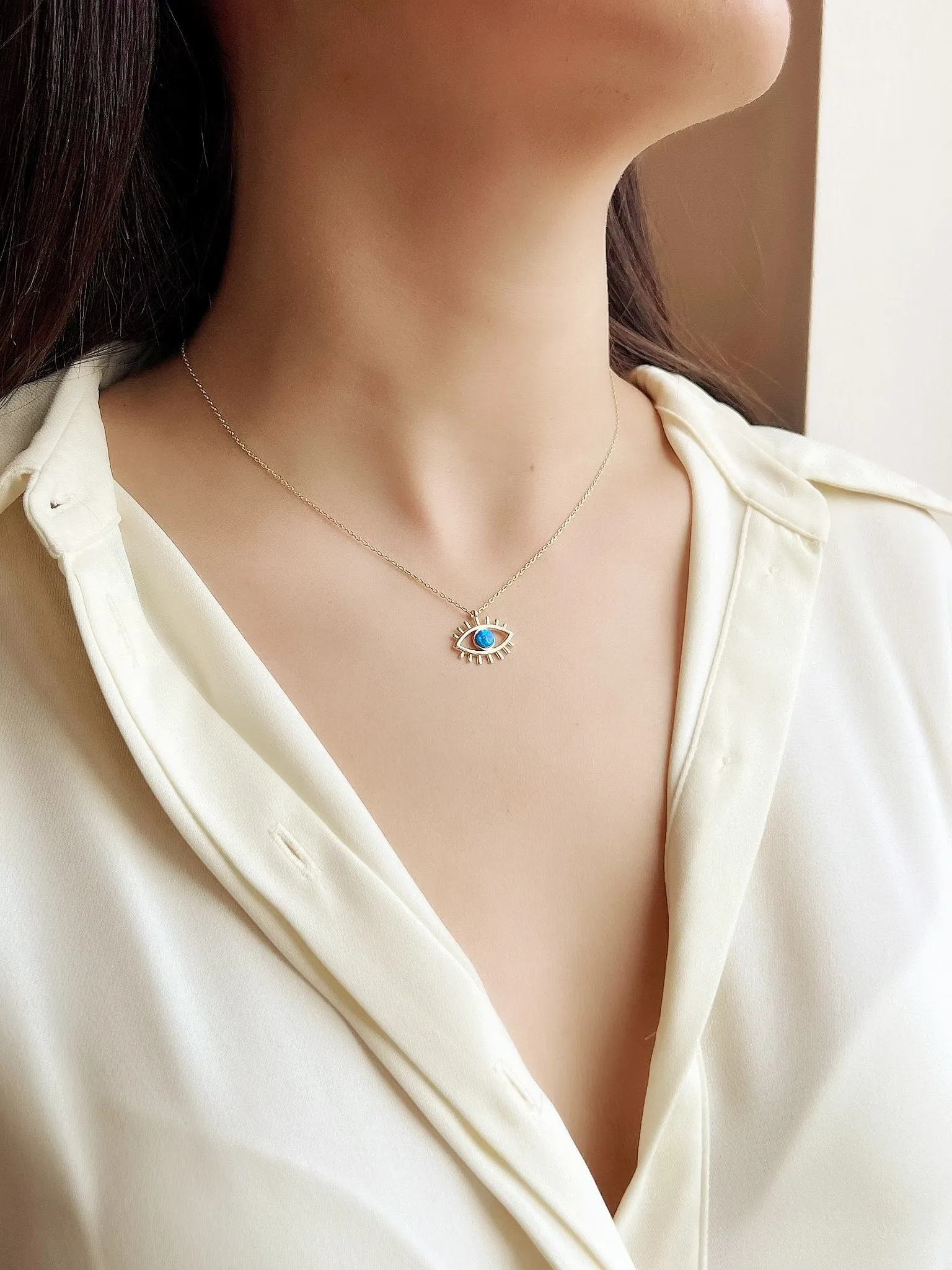 Evil Eye Necklace | Gold Evil Eye Necklace | Ocean Blue Opal Necklace | Opal Cabochon Pendant | Minimalist Necklace | Mothers Day Gift