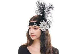 Flapper Black Sequin Headband Feathers & Beads