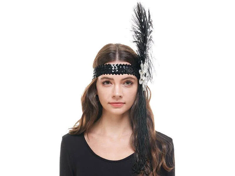 Flapper Black Sequin Headband Feathers & Beads