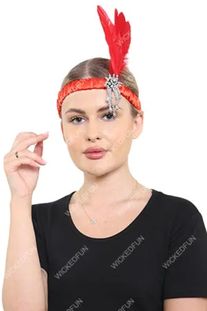 Flapper Head Band Red Feathers Ladies Girls Bridal Headpiece Gatsby Flapper Headdress