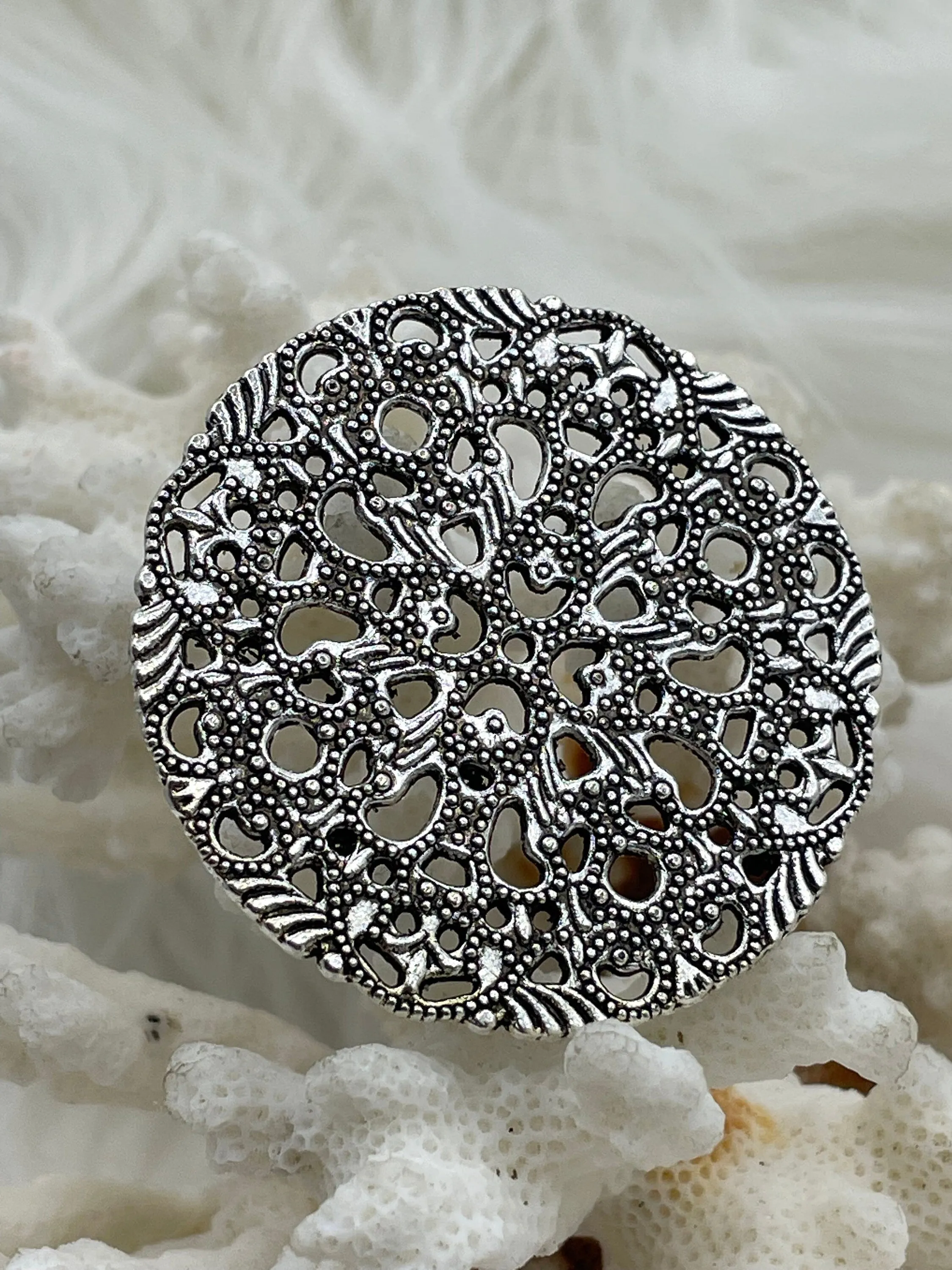 Flat Round Filigree Stamped Metal Pendant Medallion Pendant,  4 styles, 42mm, 39mm, 34mm, 21mm Antique Silver . Fast Ship