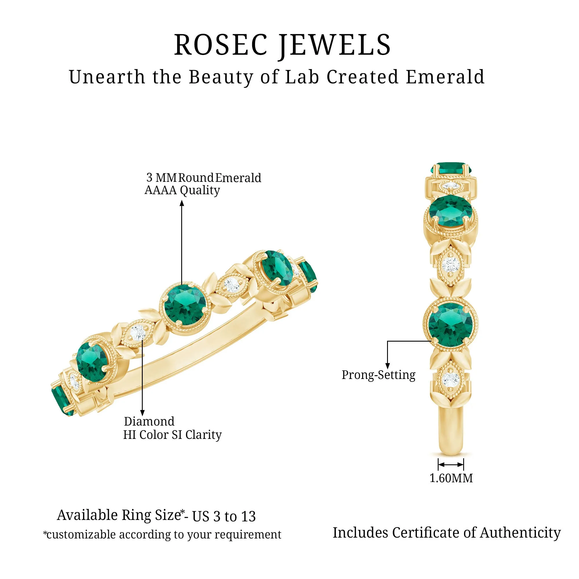 Floral Inspired Lab Grown Emerald and Diamond Half Eternity Ring