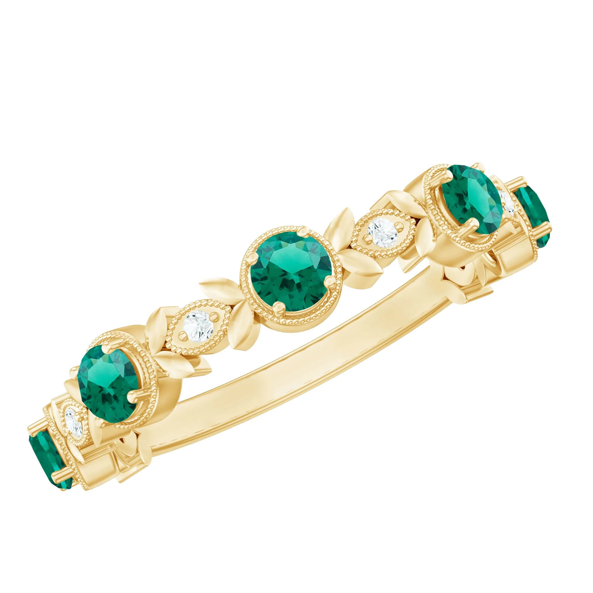 Floral Inspired Lab Grown Emerald and Diamond Half Eternity Ring