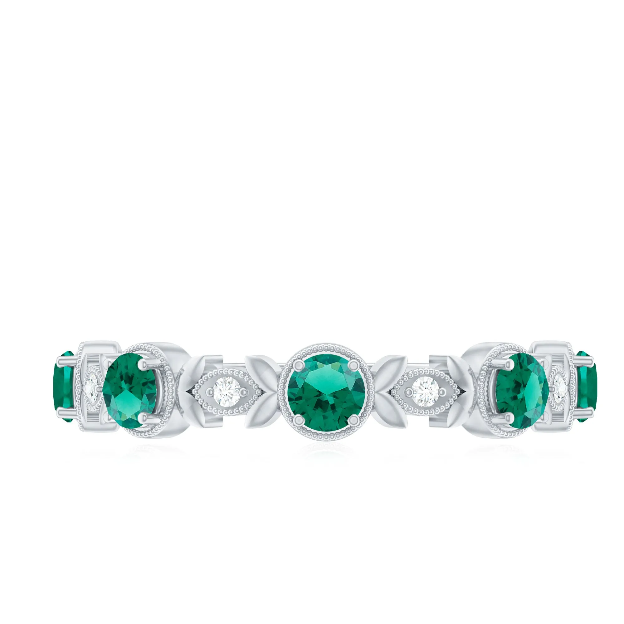 Floral Inspired Lab Grown Emerald and Diamond Half Eternity Ring