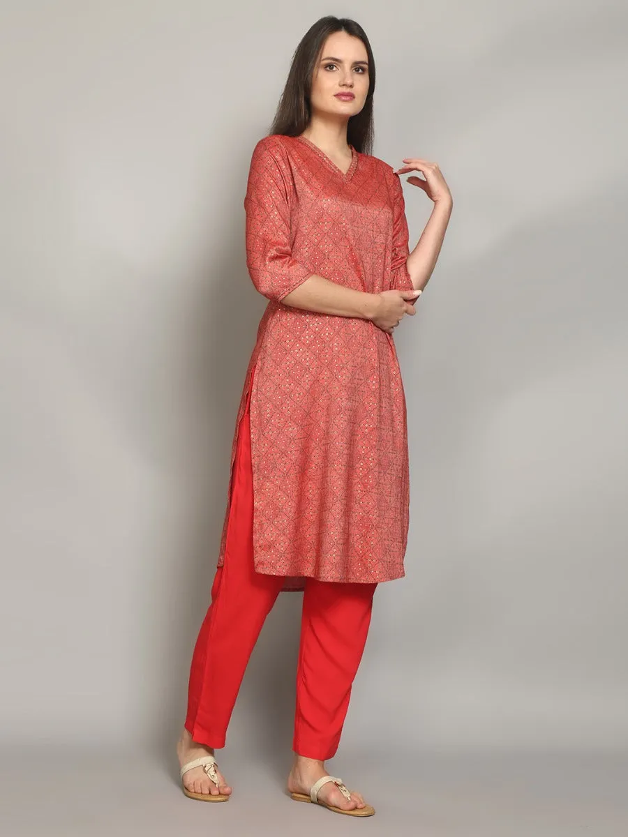 Glorious Coral Geometric Printed Kurta With Trouser