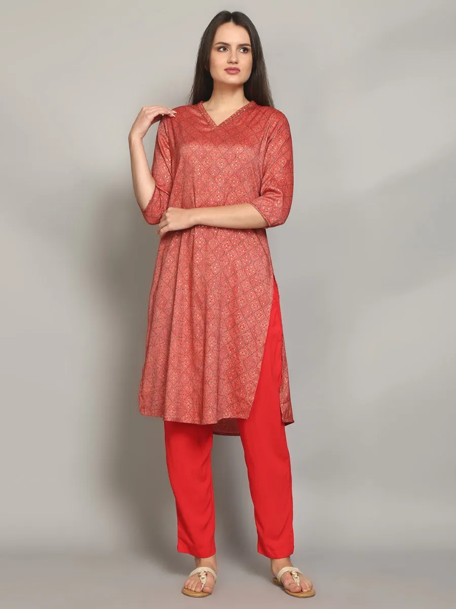 Glorious Coral Geometric Printed Kurta With Trouser