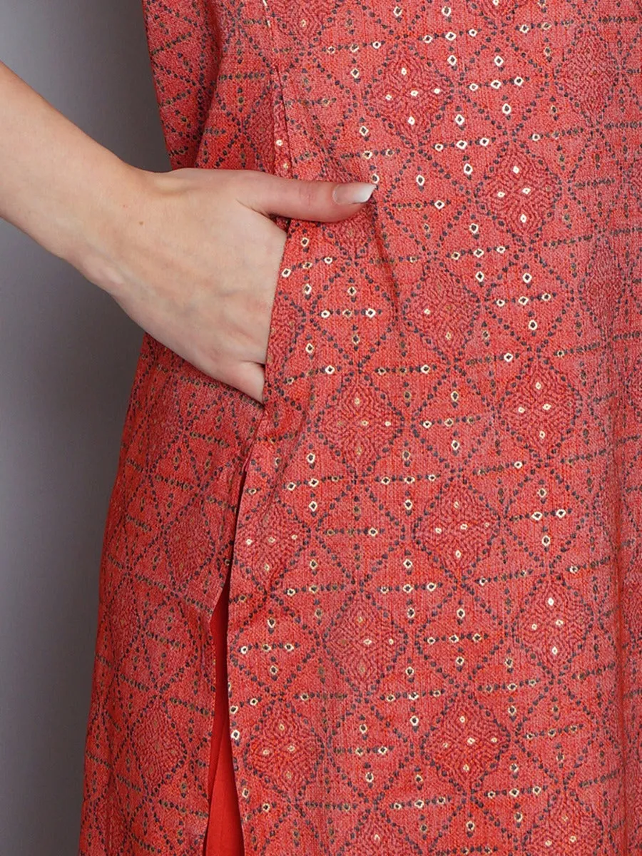 Glorious Coral Geometric Printed Kurta With Trouser