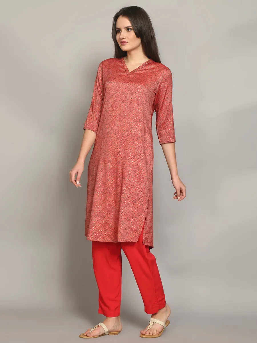 Glorious Coral Geometric Printed Kurta With Trouser