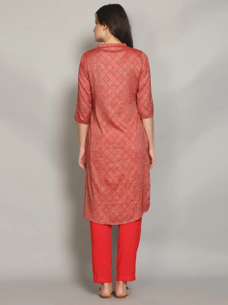 Glorious Coral Geometric Printed Kurta With Trouser