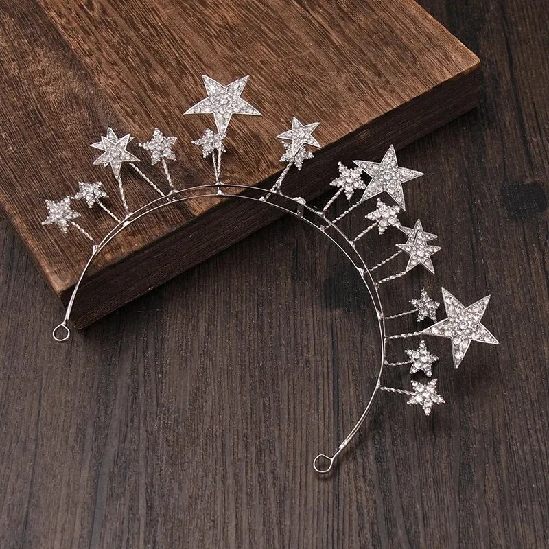 Goddess Spiked Metal Silver Rhinestone Star Crown Festival Headdress Headband