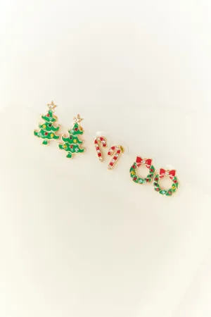 Gold Christmas Stud 3 Piece Earring Set