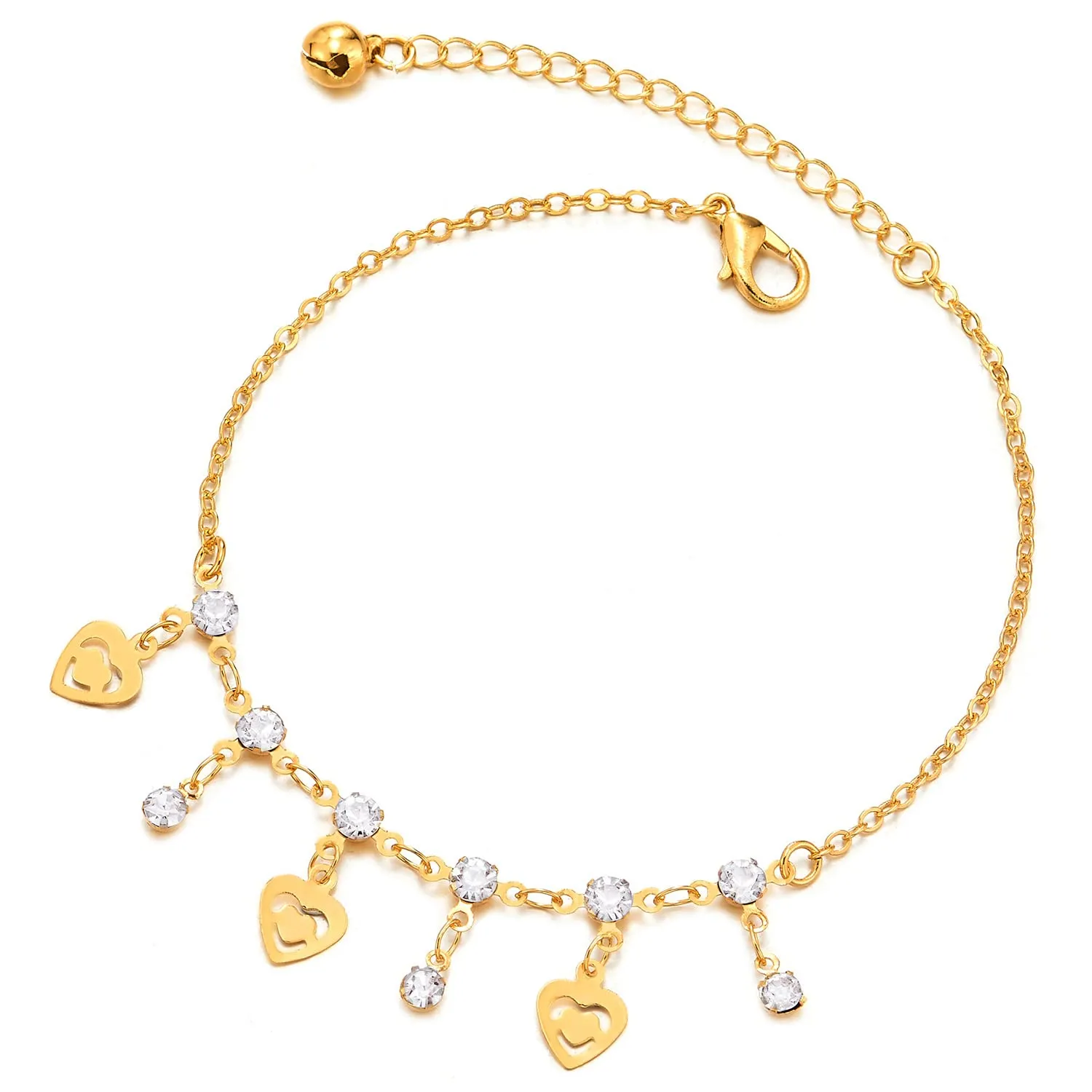 Gold Color Link Chain Anklet Bracelet with Dangling Solitaire Cubic Zirconia and Hearts, Jingle Bell