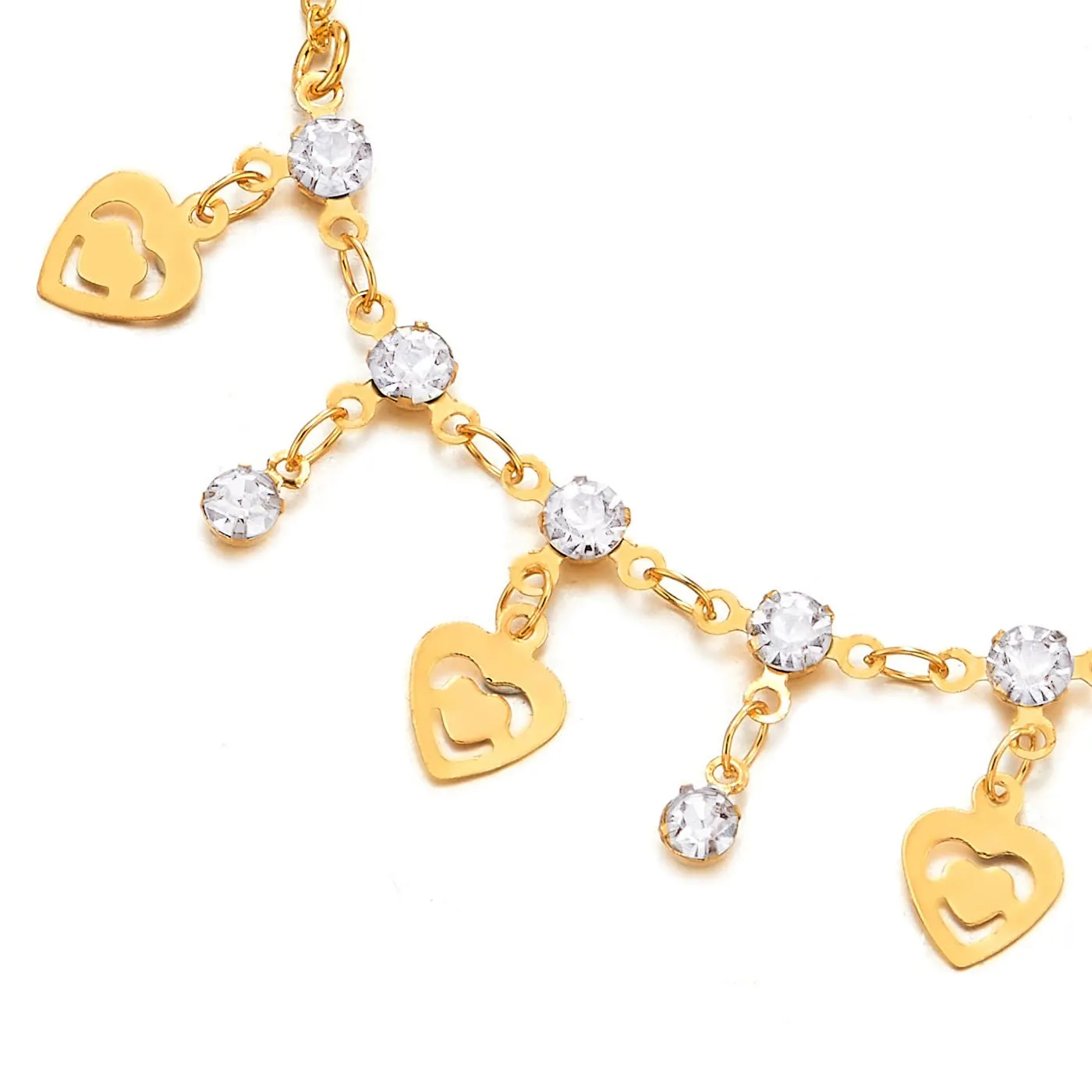 Gold Color Link Chain Anklet Bracelet with Dangling Solitaire Cubic Zirconia and Hearts, Jingle Bell