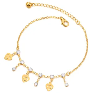 Gold Color Link Chain Anklet Bracelet with Dangling Solitaire Cubic Zirconia and Hearts, Jingle Bell