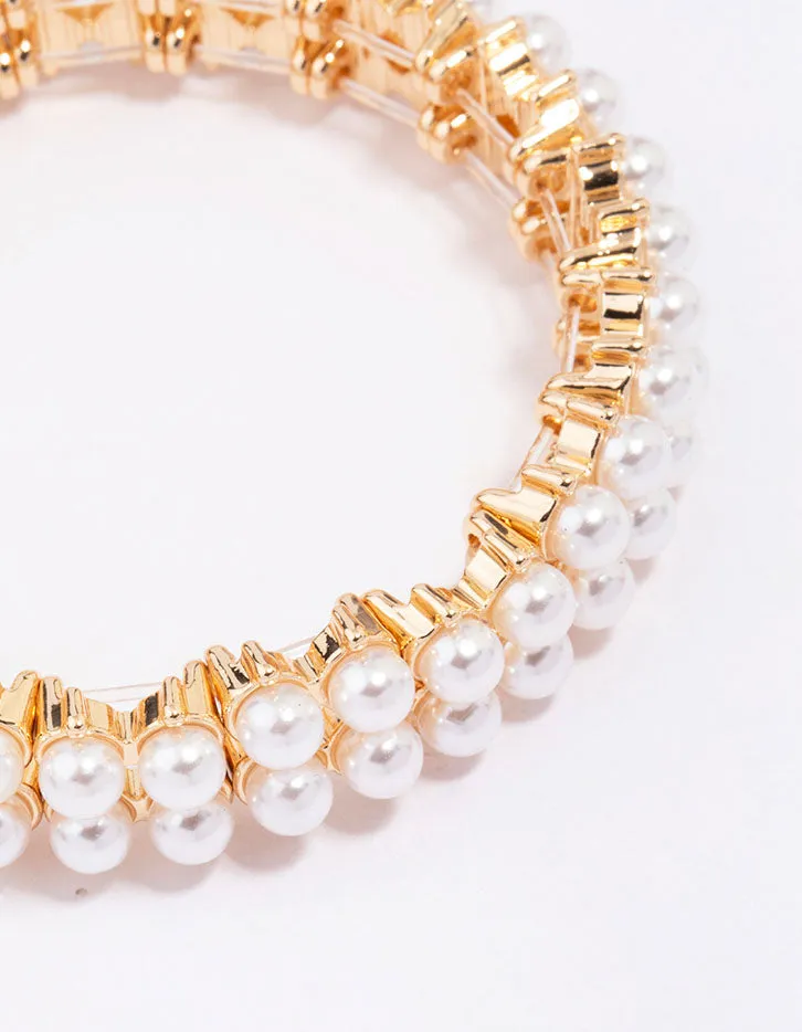 Gold Pearl Duo Row Stretch Bracelet