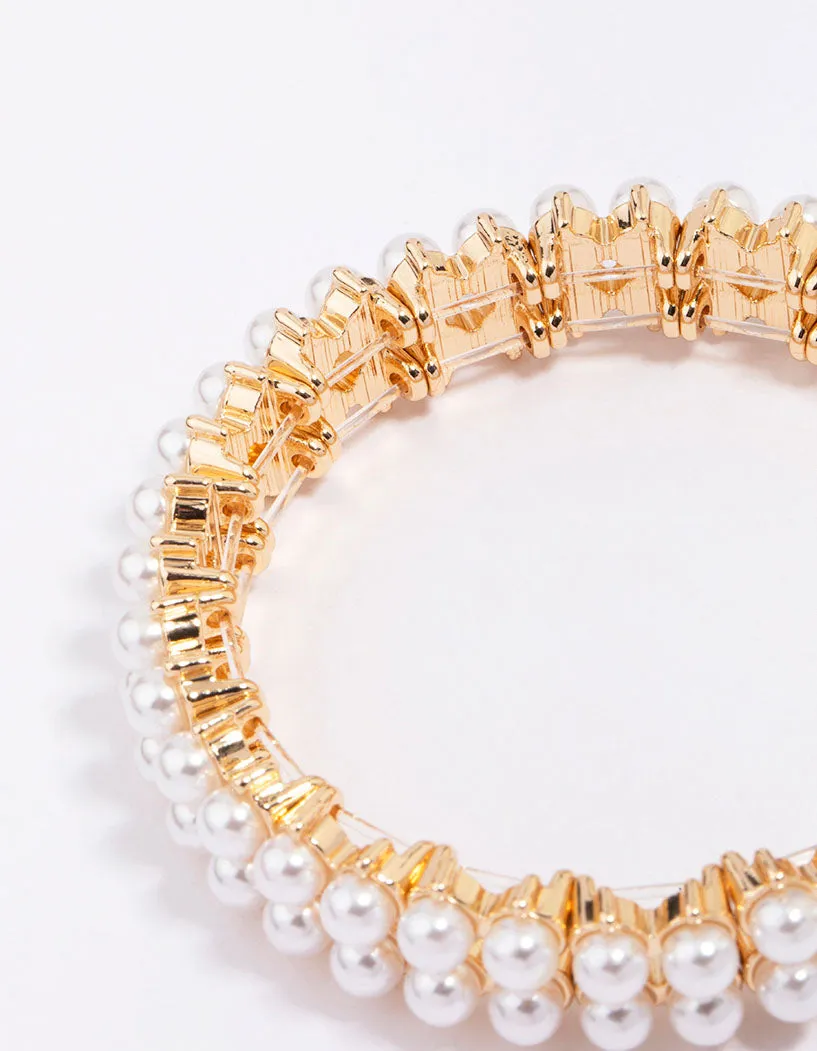 Gold Pearl Duo Row Stretch Bracelet