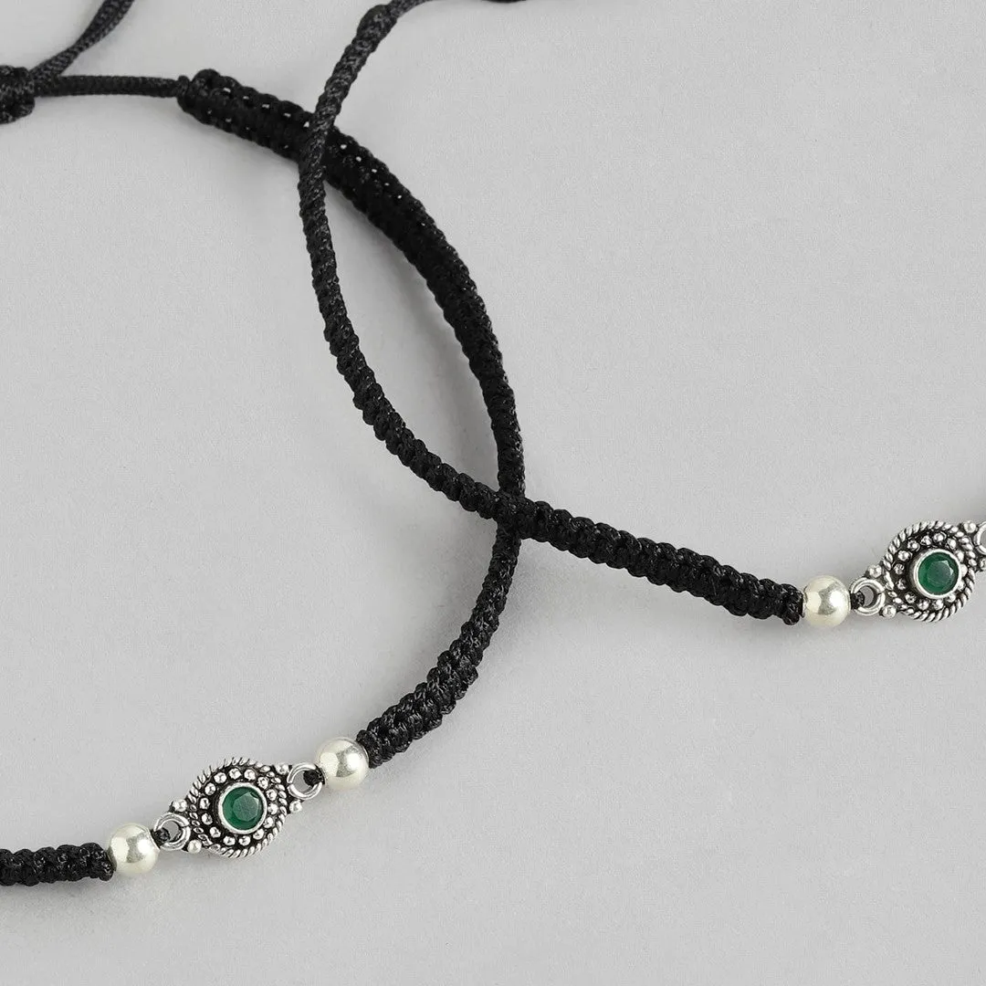 Green Stone Rhodium Plated 925 Sterling Silver Thread Anklet