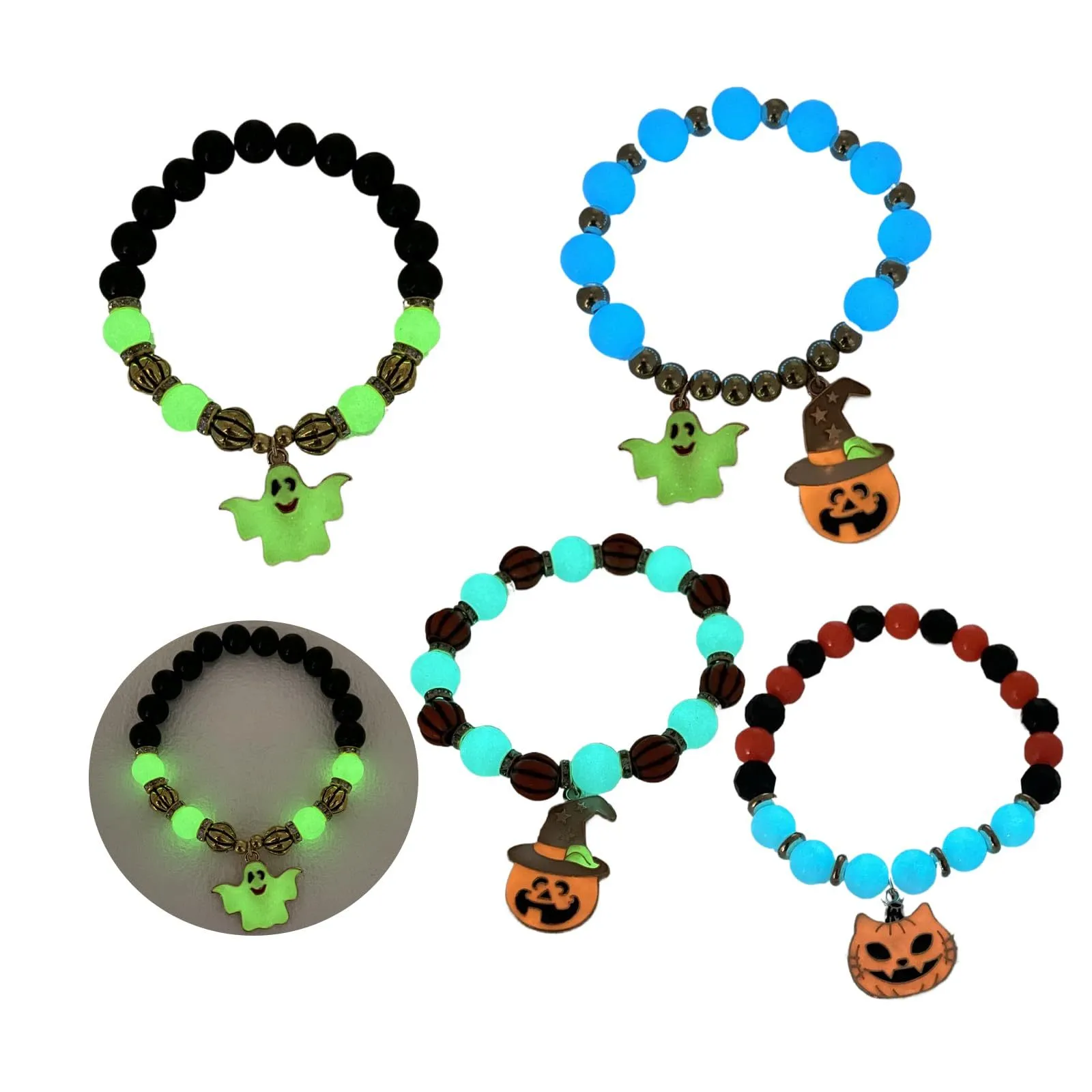 Halloween Vintage Gothic Charm Bracelet – Pumpkin, Witch Hat, and Kitten with Natural Stone Beads for Women’s Party Wear