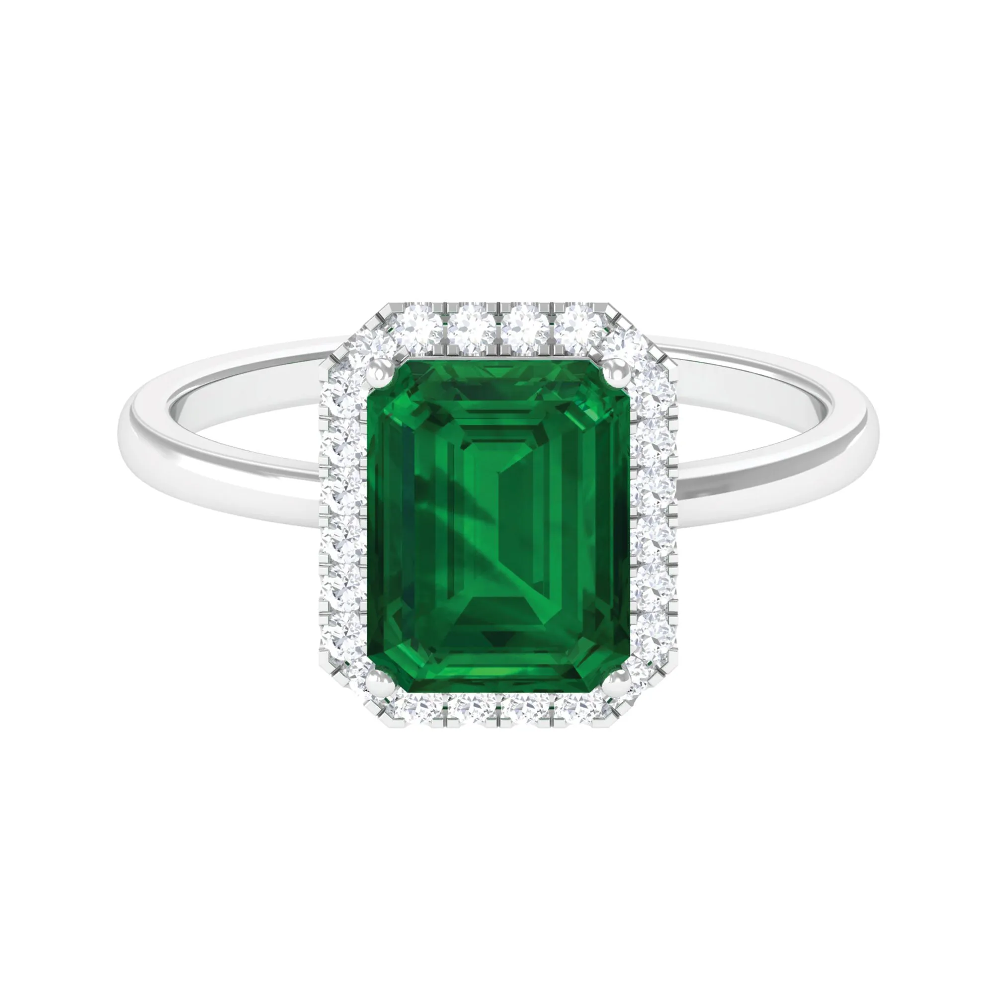 Lab Grown Emerald Octagon Statement Engagement Ring with Diamond Halo