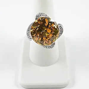 Large Center Round Citrine CZ Silver Ring