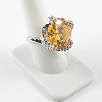 Large Center Round Citrine CZ Silver Ring