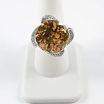 Large Center Round Citrine CZ Silver Ring