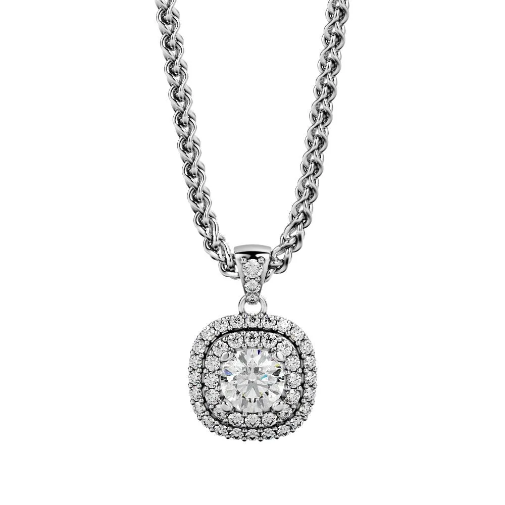 Light Tunnel Natural Diamond Double Halo Pendant with a White Gold Necklace