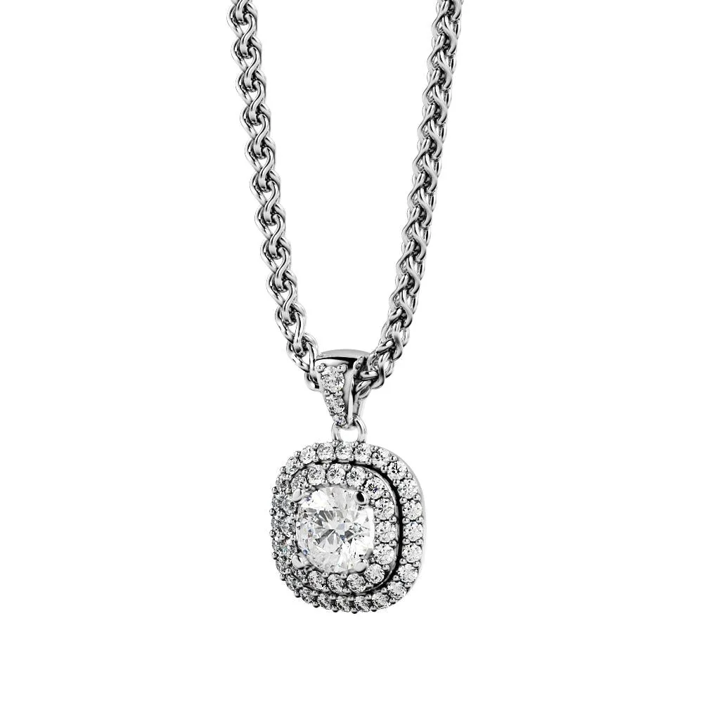 Light Tunnel Natural Diamond Double Halo Pendant with a White Gold Necklace