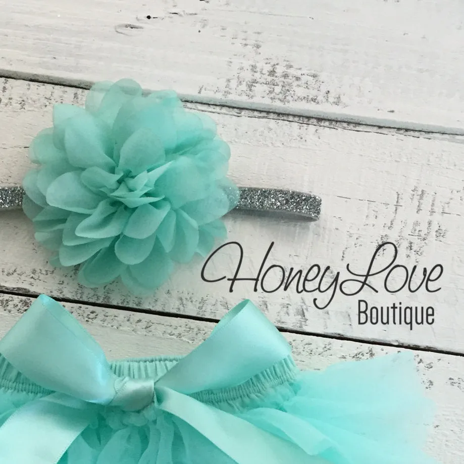 Mint/Aqua fluffy flower headband - SILVER/GOLD glitter elastic