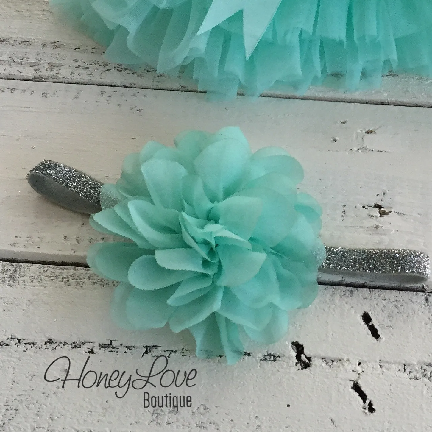 Mint/Aqua fluffy flower headband - SILVER/GOLD glitter elastic