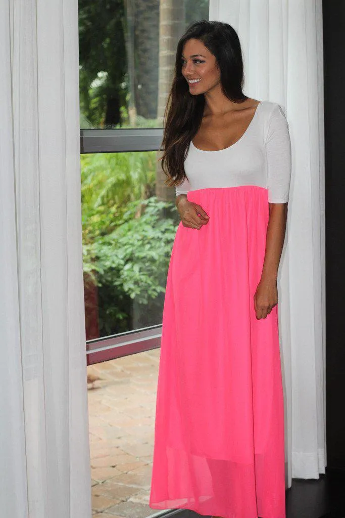 Neon Coral and White Maxi Dress With 3/4 Sleeves