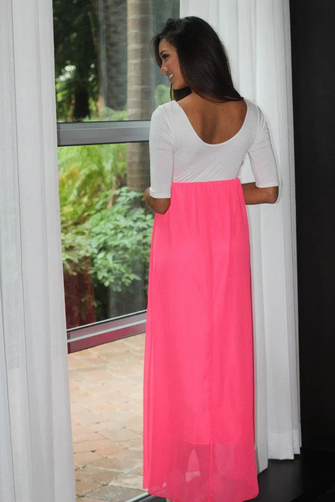 Neon Coral and White Maxi Dress With 3/4 Sleeves