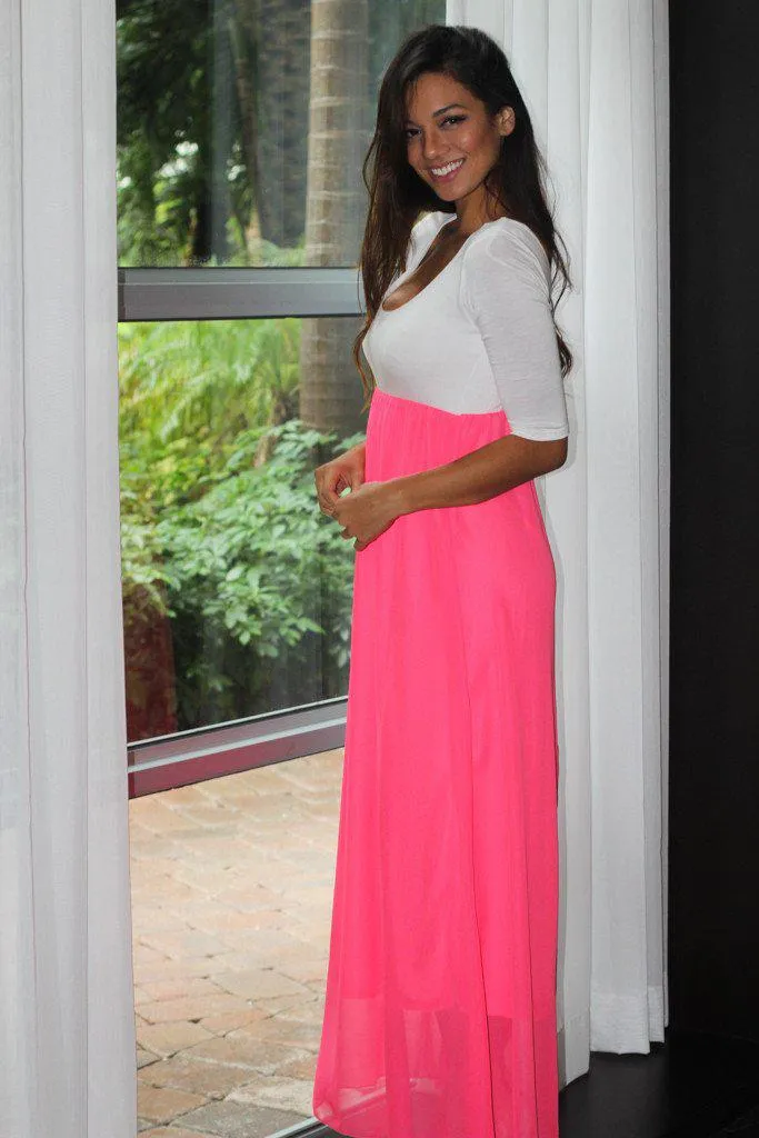 Neon Coral and White Maxi Dress With 3/4 Sleeves