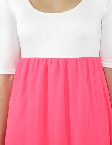 Neon Coral and White Maxi Dress With 3/4 Sleeves