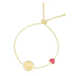 Neon Pink Heart and Happy Face Adjustable Bracelet - Yellow Silver