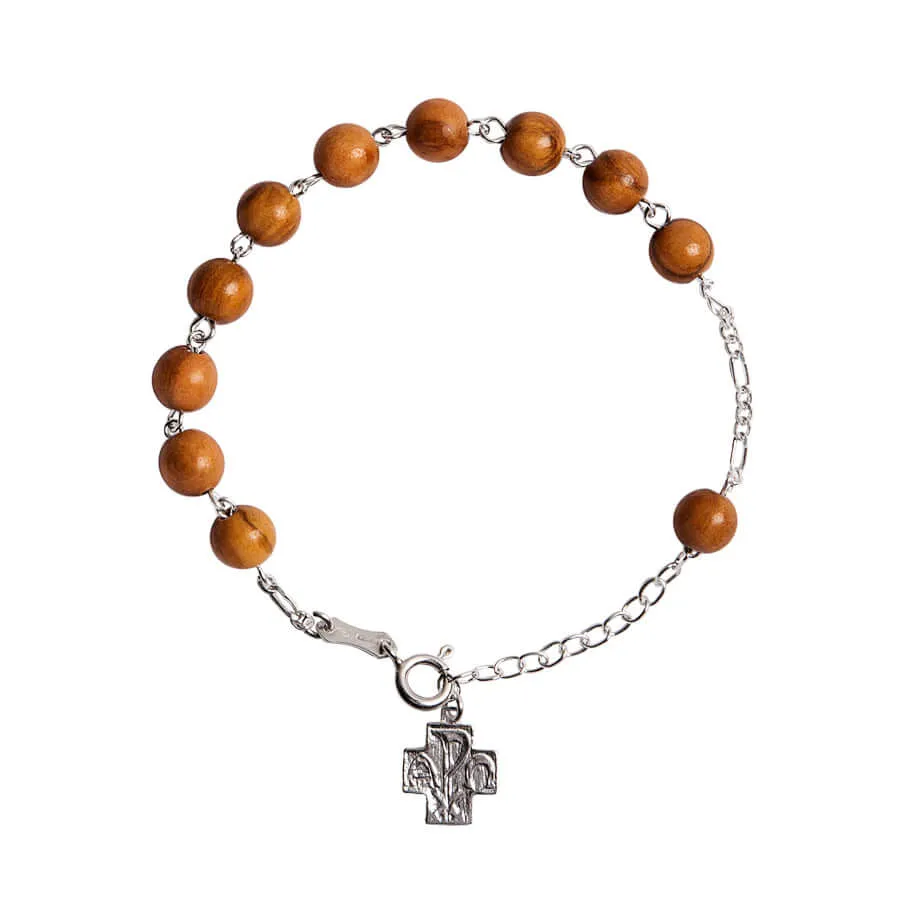 OLIVE WOOD BEADS ROSARY BRACELET - SILVER