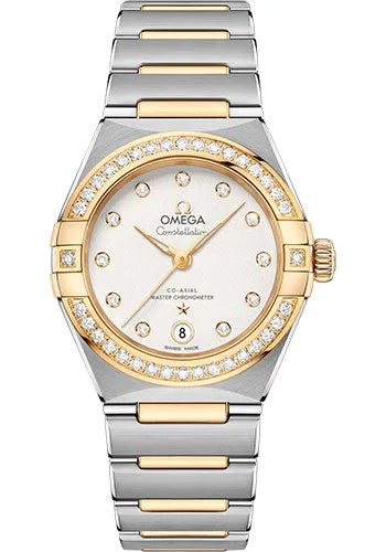 Omega Constellation Manhattan Co-Axial Master Chronometer Watch - 29 mm Steel And Yellow Gold Case - Diamond-Paved Bezel - Crystal White Slivery Diamond Dial - 131.25.29.20.52.002