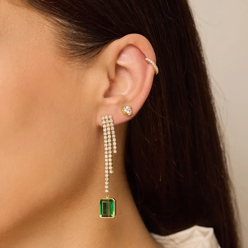 One-of-a-Kind Cascading 4-Prong Diamond Tennis Studs with Emerald-Cut Green Tourmaline Accent