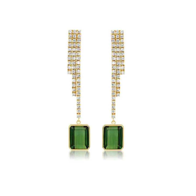 One-of-a-Kind Cascading 4-Prong Diamond Tennis Studs with Emerald-Cut Green Tourmaline Accent