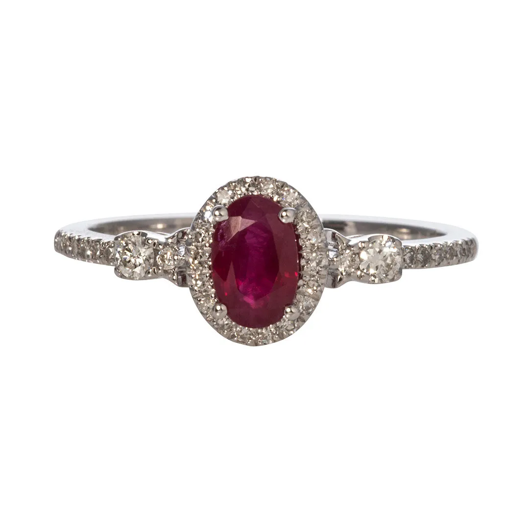 Oval Ruby & Diamond Halo 14K White Gold Ring