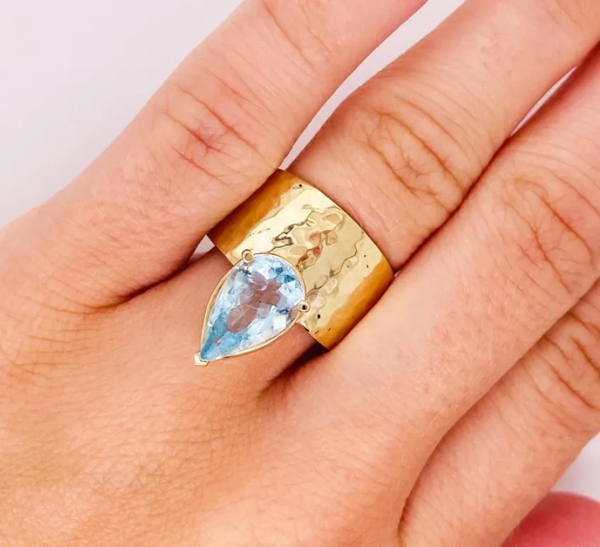 Pear Shaped Aquamarine Hammered Wide Band Ring