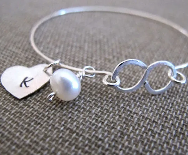 Pearl Charm Heart Bangle Bracelet