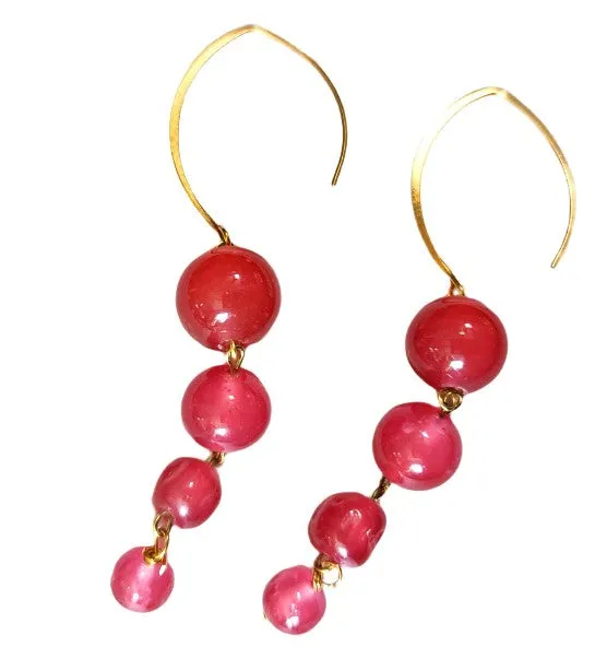 Pink Handmade Vintage Glass Cherry Brand Japanese Beads Dangle Drop Earrings USA made Sugar Gay Isber Free shipping 3.5 inches