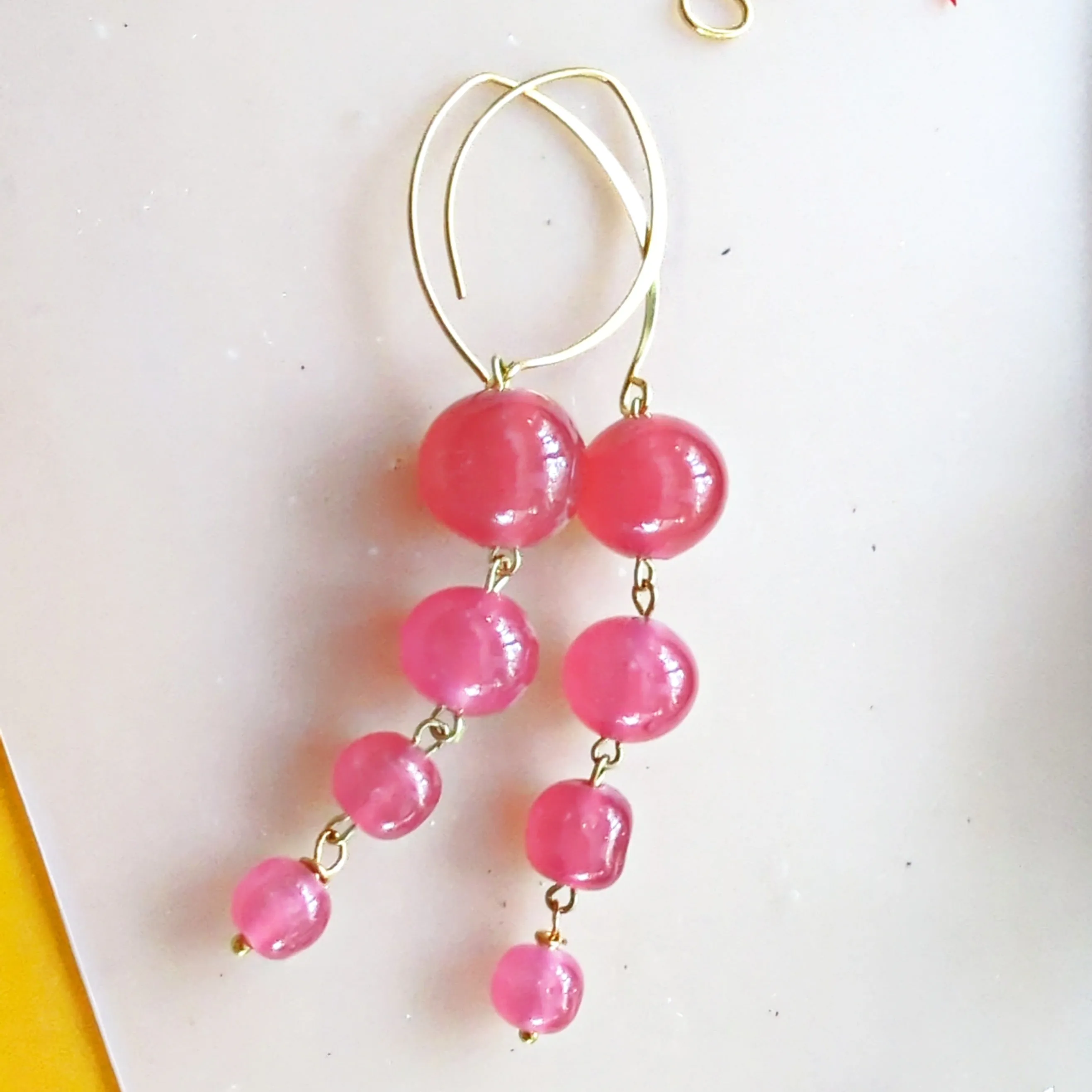 Pink Handmade Vintage Glass Cherry Brand Japanese Beads Dangle Drop Earrings USA made Sugar Gay Isber Free shipping 3.5 inches