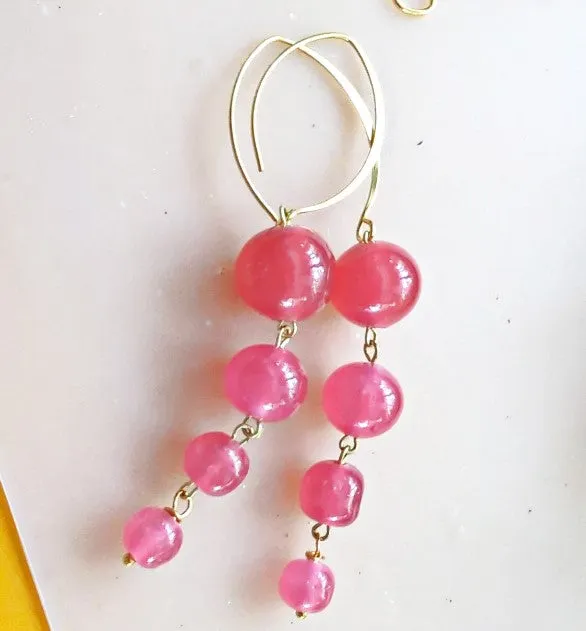 Pink Handmade Vintage Glass Cherry Brand Japanese Beads Dangle Drop Earrings USA made Sugar Gay Isber Free shipping 3.5 inches