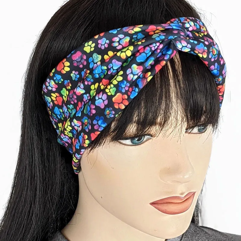 Premium, wide turban style comfy wde jersey knit  headband, rainbow paws