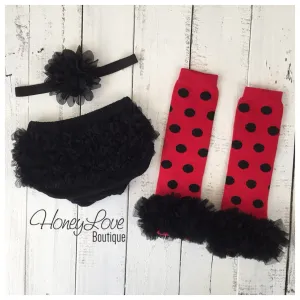 Red and Black Polka Dot leg warmers, black ruffle bottom bloomer, and black flower headband