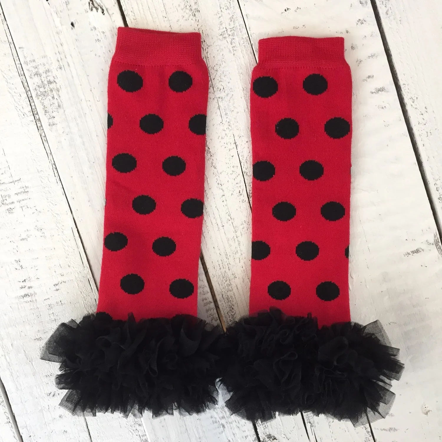 Red and Black Polka Dot leg warmers, black ruffle bottom bloomer, and black flower headband