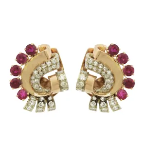 Retro Diamond Ruby Gold Ear Clip Earrings